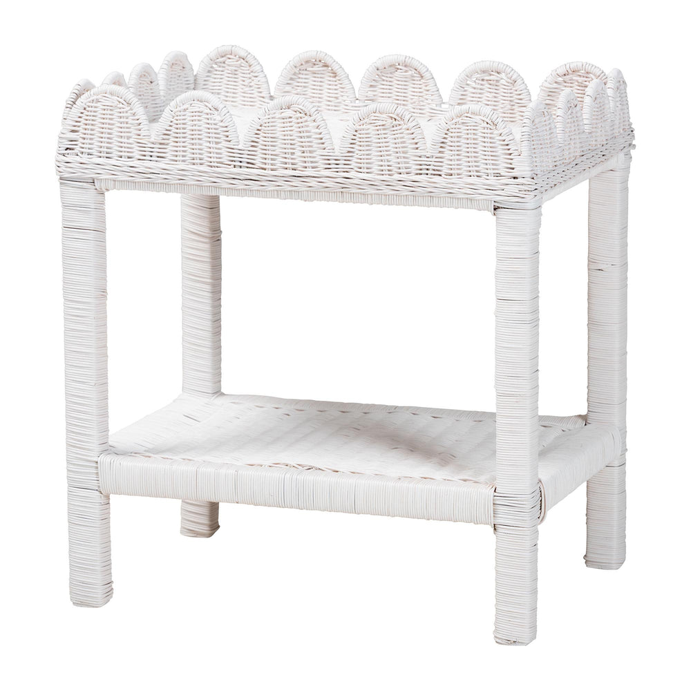 Baxton Studio Bali & Pari Sumana Handwoven Rattan Two Tier End Table Scalloped Tray Top Boho Accent WS069-White Rattan-Side Table