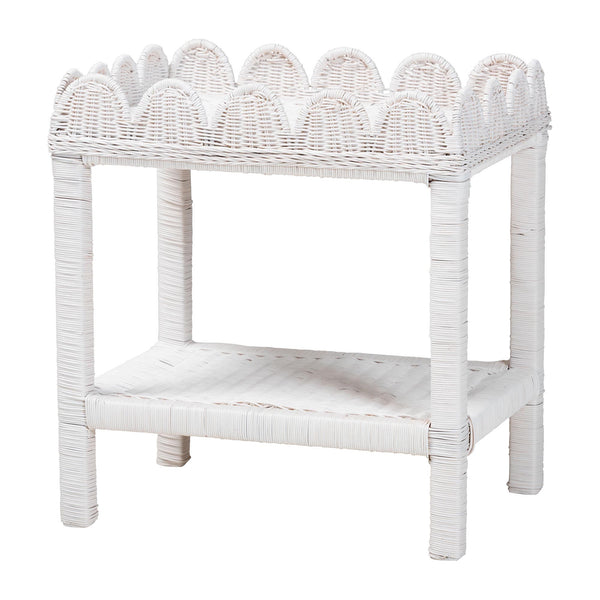 Baxton Studio Bali & Pari Sumana Handwoven Rattan Two Tier End Table Scalloped Tray Top Boho Accent WS069-White Rattan-Side Table