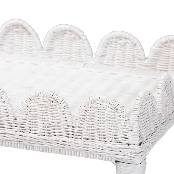 Baxton Studio Bali & Pari Sumana Handwoven Rattan Two Tier End Table Scalloped Tray Top Boho Accent WS069-White Rattan-Side Table