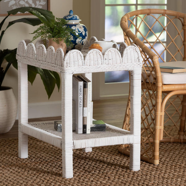 Baxton Studio Bali & Pari Sumana Handwoven Rattan Two Tier End Table Scalloped Tray Top Boho Accent WS069-White Rattan-Side Table