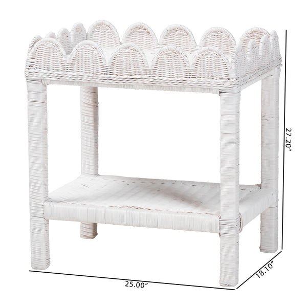 Baxton Studio Bali & Pari Sumana Handwoven Rattan Two Tier End Table Scalloped Tray Top Boho Accent WS069-White Rattan-Side Table