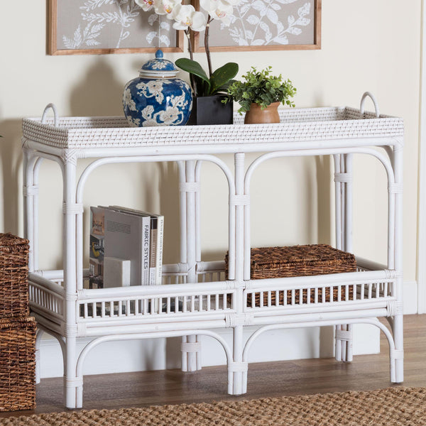 Baxton Studio Bali & Pari Lombok Handwoven Rattan 2-tier Console Table Coastal Entryway Accent White Lombok-Rattan-White-Console Table