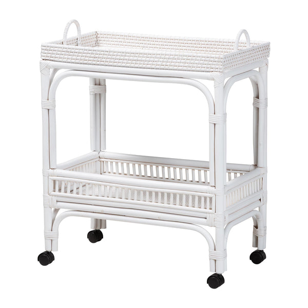 Baxton Studio Bali & Pari Lombok Handwoven Rattan Two Tier Rolling Bar Cart for Kitchen Lounge White Lombok-Rattan-White-Cart