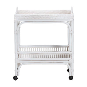 Baxton Studio Bali & Pari Lombok Handwoven Rattan Two Tier Rolling Bar Cart for Kitchen Lounge White Lombok-Rattan-White-Cart