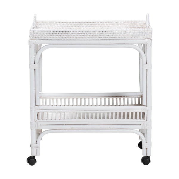 Baxton Studio Bali & Pari Lombok Handwoven Rattan Two Tier Rolling Bar Cart for Kitchen Lounge White Lombok-Rattan-White-Cart