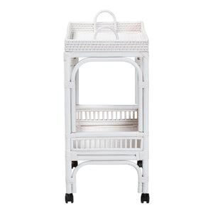Baxton Studio Bali & Pari Lombok Handwoven Rattan Two Tier Rolling Bar Cart for Kitchen Lounge White Lombok-Rattan-White-Cart