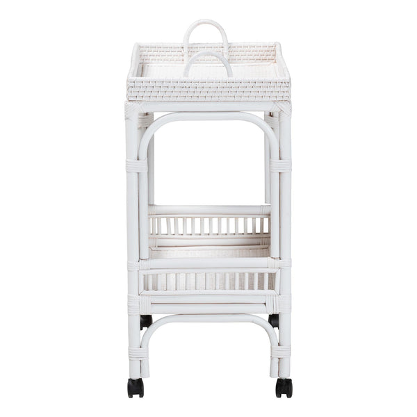 Baxton Studio Bali & Pari Lombok Handwoven Rattan Two Tier Rolling Bar Cart for Kitchen Lounge White Lombok-Rattan-White-Cart