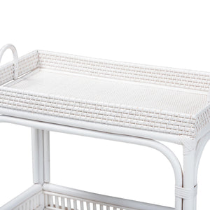 Baxton Studio Bali & Pari Lombok Handwoven Rattan Two Tier Rolling Bar Cart for Kitchen Lounge White Lombok-Rattan-White-Cart