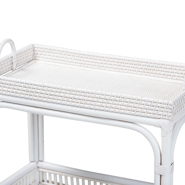 Baxton Studio Bali & Pari Lombok Handwoven Rattan Two Tier Rolling Bar Cart for Kitchen Lounge White Lombok-Rattan-White-Cart
