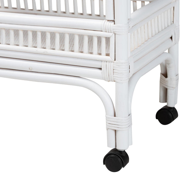 Baxton Studio Bali & Pari Lombok Handwoven Rattan Two Tier Rolling Bar Cart for Kitchen Lounge White Lombok-Rattan-White-Cart