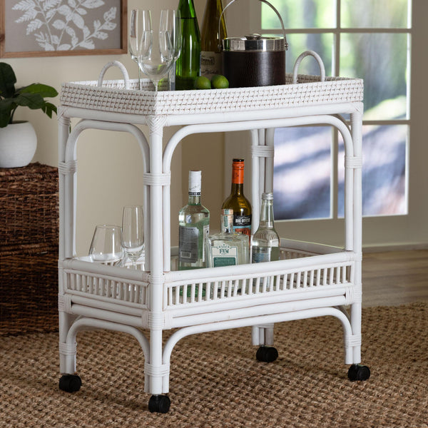 Baxton Studio Bali & Pari Lombok Handwoven Rattan Two Tier Rolling Bar Cart for Kitchen Lounge White Lombok-Rattan-White-Cart