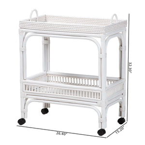 Baxton Studio Bali & Pari Lombok Handwoven Rattan Two Tier Rolling Bar Cart for Kitchen Lounge White Lombok-Rattan-White-Cart