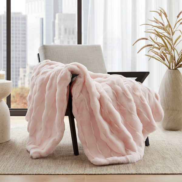 JLA Home Madison Park - Faux Faux Fur Throw Madison Park — Luxe basket-weave plush, Oeko‑Tex certified, machine washable comfort Pink MP50-8798