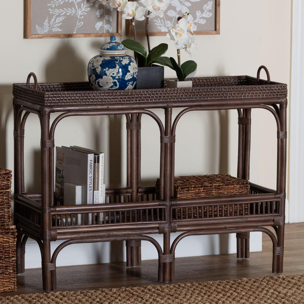 Baxton Studio Bali & Pari Lombok Handwoven Rattan 2-tier Console Table Coastal Entryway Accent Coffee Bean Lombok-Rattan-Coffee Bean-Console Table