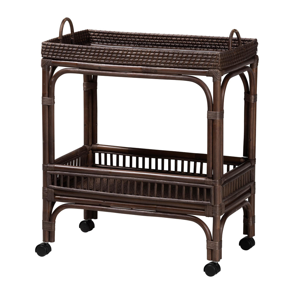 Baxton Studio Bali & Pari Lombok Handwoven Rattan Two Tier Rolling Bar Cart for Kitchen Lounge Coffee Bean Lombok-Rattan-Coffee Bean-Cart