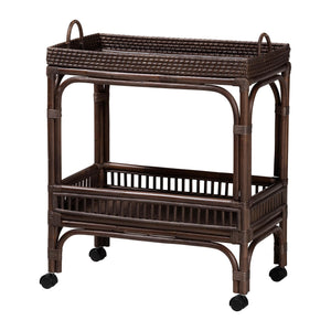 Baxton Studio Bali & Pari Lombok Handwoven Rattan Two Tier Rolling Bar Cart for Kitchen Lounge Coffee Bean Lombok-Rattan-Coffee Bean-Cart