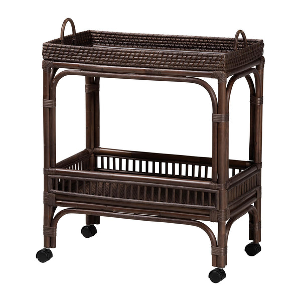 Baxton Studio Bali & Pari Lombok Handwoven Rattan Two Tier Rolling Bar Cart for Kitchen Lounge Coffee Bean Lombok-Rattan-Coffee Bean-Cart