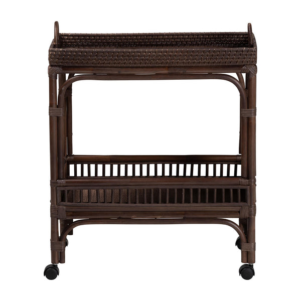 Baxton Studio Bali & Pari Lombok Handwoven Rattan Two Tier Rolling Bar Cart for Kitchen Lounge Coffee Bean Lombok-Rattan-Coffee Bean-Cart