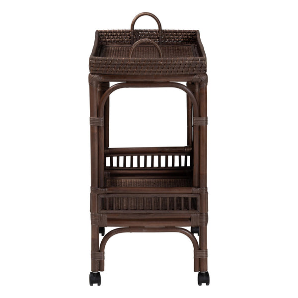 Baxton Studio Bali & Pari Lombok Handwoven Rattan Two Tier Rolling Bar Cart for Kitchen Lounge Coffee Bean Lombok-Rattan-Coffee Bean-Cart
