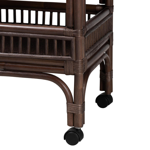 Baxton Studio Bali & Pari Lombok Handwoven Rattan Two Tier Rolling Bar Cart for Kitchen Lounge Coffee Bean Lombok-Rattan-Coffee Bean-Cart