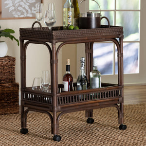 Baxton Studio Bali & Pari Lombok Handwoven Rattan Two Tier Rolling Bar Cart for Kitchen Lounge Coffee Bean Lombok-Rattan-Coffee Bean-Cart