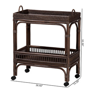 Baxton Studio Bali & Pari Lombok Handwoven Rattan Two Tier Rolling Bar Cart for Kitchen Lounge Coffee Bean Lombok-Rattan-Coffee Bean-Cart