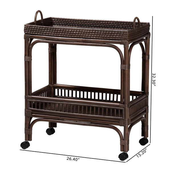 Baxton Studio Bali & Pari Lombok Handwoven Rattan Two Tier Rolling Bar Cart for Kitchen Lounge Coffee Bean Lombok-Rattan-Coffee Bean-Cart