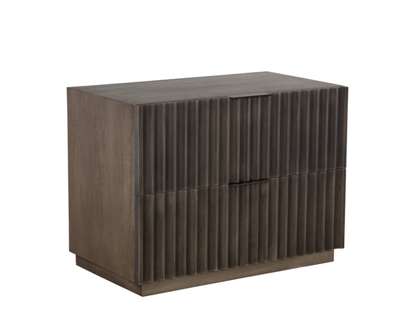 Sunpan Carlin Nightstand - Bold Mango Wood Design with Sculpted Drawers and Modern Aluminum Handles Taupe