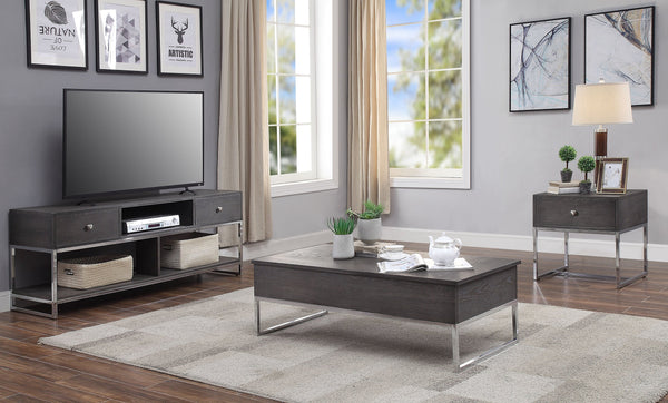 English Elm Grey Oak Lift-Top Coffee Table With Chrome Base - Modern Design, Hidden Storage & Spacious Surface B062P189218