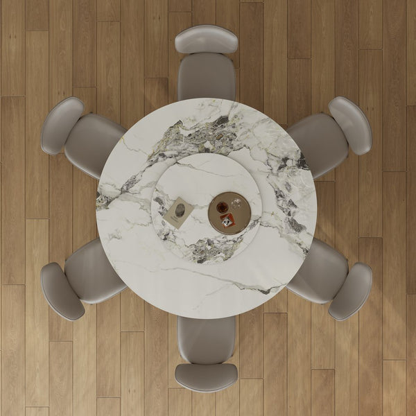 English Elm 59" Round Sintered Stone Dining Table Set With Stylish Black Titanium Base & 6 Padded Chairs For Luxury Dining W2700S00052