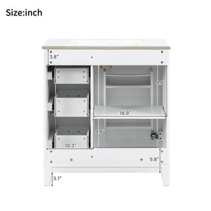 English Elm 30-inch Modern Bathroom Vanity with Ceramic Basin, Rubberwood Frame, Soft-Close Drawers & Organized Storage White N729P290689K