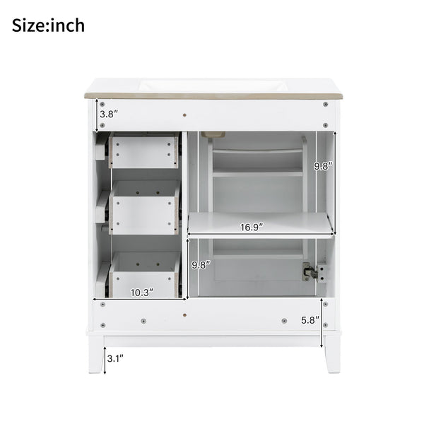 English Elm 30-inch Modern Bathroom Vanity with Ceramic Basin, Rubberwood Frame, Soft-Close Drawers & Organized Storage White N729P290689K