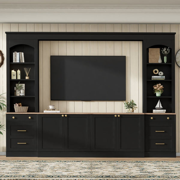 English Elm Farmhouse Arched Wall Entertainment Unit Wood Grain Media Console Fits Tvs to 70in Black N721S000079B