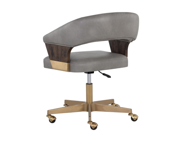 Sunpan Leonce Mid-Century Modern Office Chair with Faux Leather, Walnut Arms & Gold Stainless Steel Base