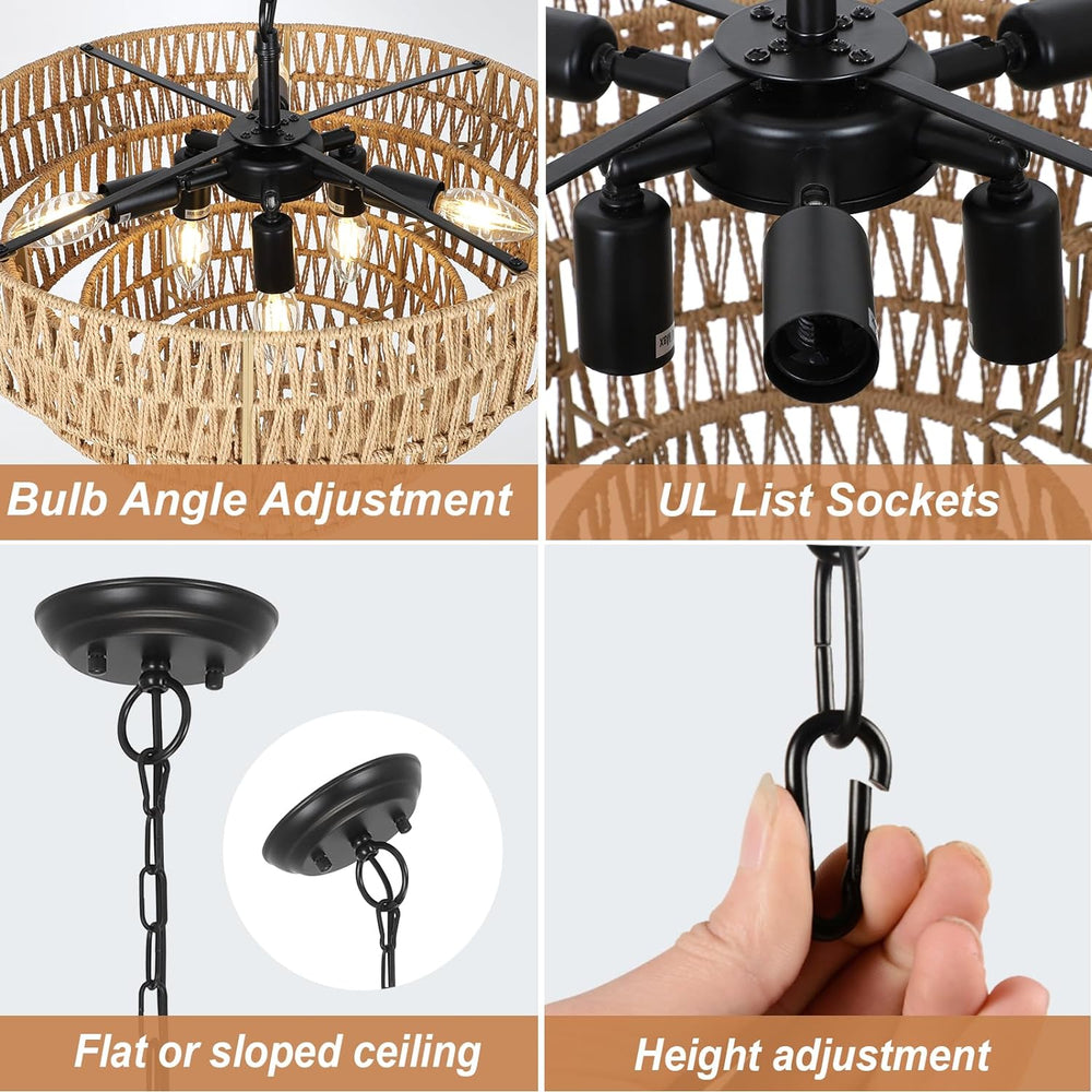 English Elm Boho Rattan Chandelier 6-Light Rustic Wicker Pendant with 4-Tier Handwoven Shade Farmhouse Chic W2738P185416