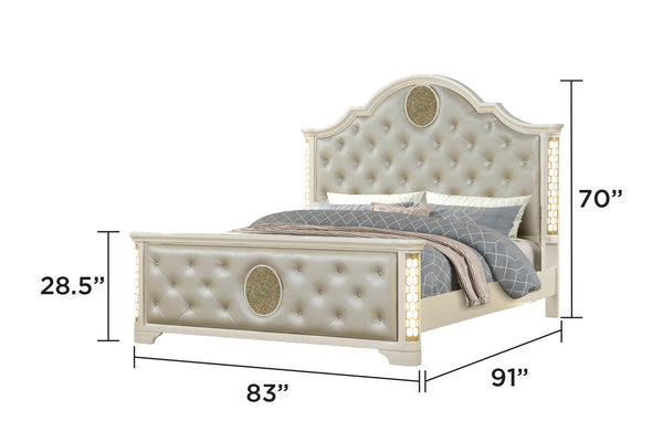 English Elm JASMINE King Tufted Upholstered LED Bed in Champagne Beige with Crystal Buttons & Geometric Trim B009S01896