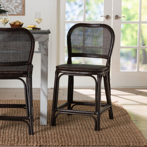 Baxton Studio Bali & Pari Irene Handwoven Rattan Counter Stool Coastal Lattice Back Kitchen Seating Irene-Coffee Bean-Rattan-CS