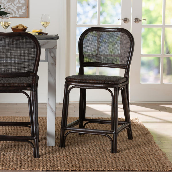 Baxton Studio Bali & Pari Irene Handwoven Rattan Counter Stool Coastal Lattice Back Kitchen Seating Irene-Coffee Bean-Rattan-CS