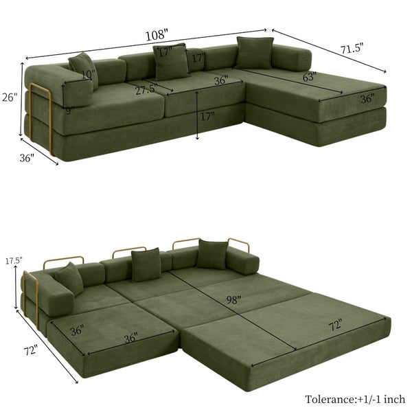 English Elm 108'' Modular Cloud Sectional Corduroy Couch with Fold Flat Backrest for Living Rooms Green W1117S00294