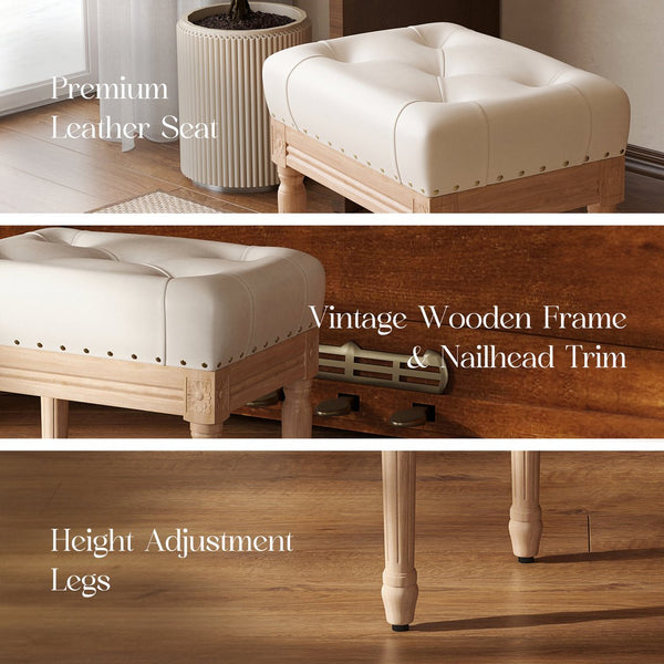 English Elm Vanity Ivory Tufted Ottoman Stool with Nailhead Trim & Carved Wood Legs — Faux Leather Bench, 300LB Capacity T3623P381007