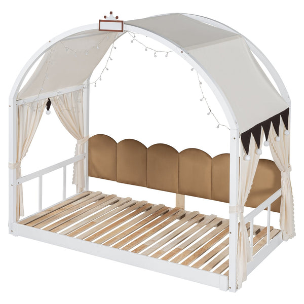 English Elm Twin Pinewood Ground-Level Canopy Bed with Arched Roof and Trundle for Kids—Whimsical, Sturdy Design White N820P181648K