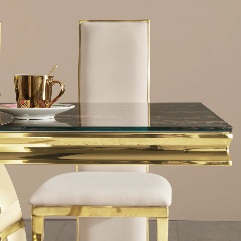 English Elm Gold Stainless Steel Dining Table With Sleek Black Tempered Glass Top - Modern Elegance & Durability W2723S00046
