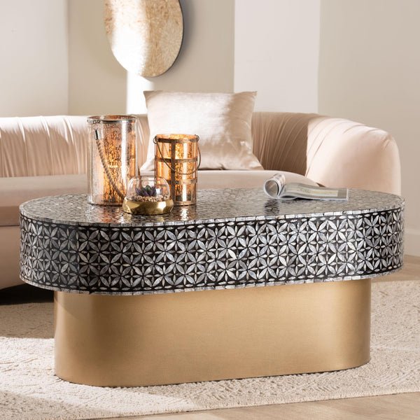 Baxton Studio Bali & Pari Emery Oval Capiz Shell Coffee Table Mosaic Mother of Pearl Living Room F2508-FT2-Capiz-CT