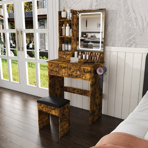 English Elm Modern Vanity Desk with Led Mirror 3 Drawers Built-in Outlet and Matching Chair Antique Brown W509P465834