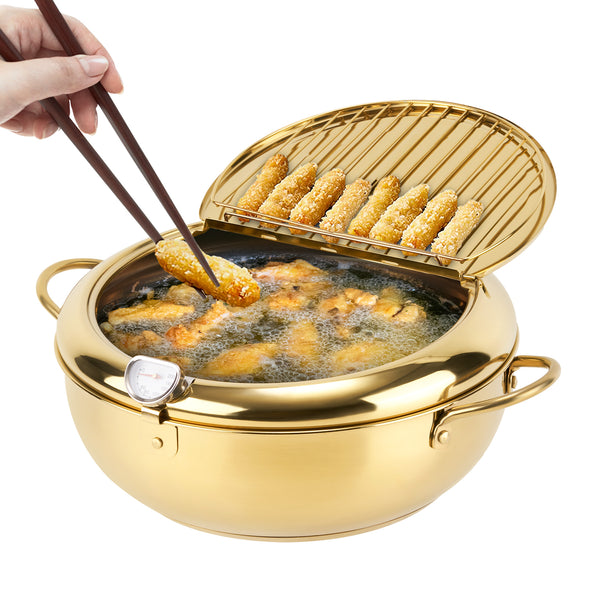 English Elm Stainless Steel Deep Frying Pot with Thermometer, Oil Drain Spout & Splash Lid for Tempura Cooking T3950P404654