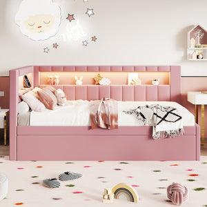 English Elm Upholstered Twin Platform Bed with Trundle, Linen Backrest, Built-In USB Ports & LED Accent Lighting Pink DL001919AAH