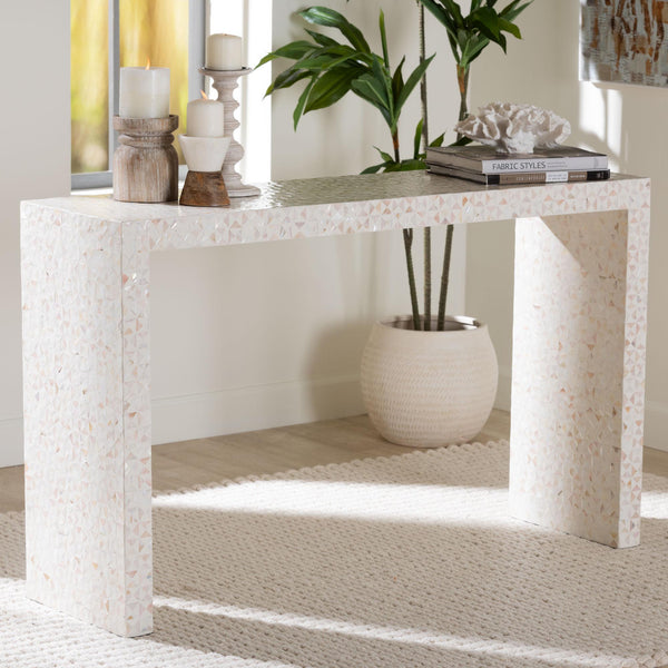 Baxton Studio Bali & Pari Capiz Shell Waterfall Console Table Handcrafted Mosaic Inlay Entryway F2508-FT23-MOP-Console Table