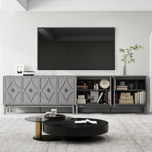 English Elm 4 Door Sideboard Buffet with Hand Carved Geometric Panels Black Oak Finish Raised Legs W688P359831