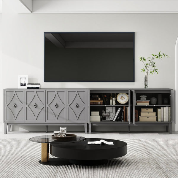 English Elm 4 Door Sideboard Buffet with Hand Carved Geometric Panels Black Oak Finish Raised Legs W688P359831