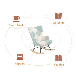 English Elm Rocking Chair With Ottoman - Cozy Mid-Century Patchwork Linen Rocker For Living Room & Bedroom Comfort W561P175990-GIGA